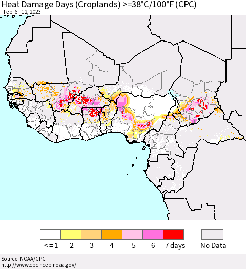 Western Africa Heat Damage Days (Croplands) >=38°C/100°F (CPC) Thematic Map For 2/6/2023 - 2/12/2023