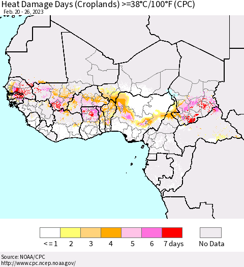 Western Africa Heat Damage Days (Croplands) >=38°C/100°F (CPC) Thematic Map For 2/20/2023 - 2/26/2023