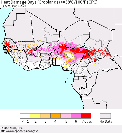 Western Africa Heat Damage Days (Croplands) >=38°C/100°F (CPC) Thematic Map For 2/27/2023 - 3/5/2023