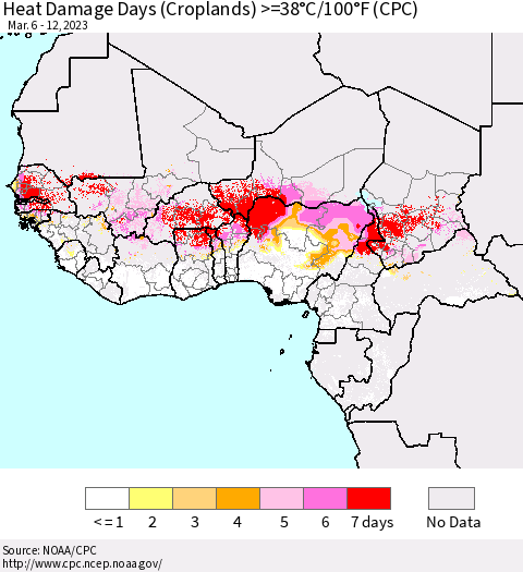 Western Africa Heat Damage Days (Croplands) >=38°C/100°F (CPC) Thematic Map For 3/6/2023 - 3/12/2023