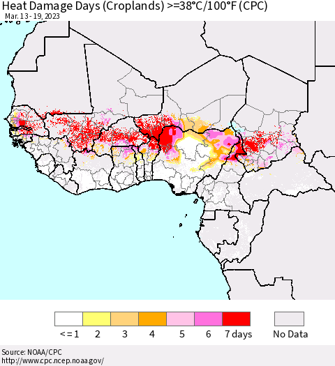 Western Africa Heat Damage Days (Croplands) >=38°C/100°F (CPC) Thematic Map For 3/13/2023 - 3/19/2023