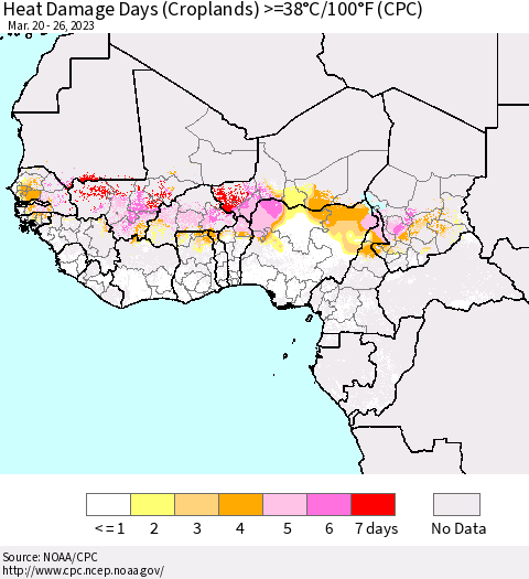 Western Africa Heat Damage Days (Croplands) >=38°C/100°F (CPC) Thematic Map For 3/20/2023 - 3/26/2023
