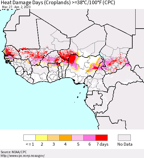 Western Africa Heat Damage Days (Croplands) >=38°C/100°F (CPC) Thematic Map For 3/27/2023 - 4/2/2023