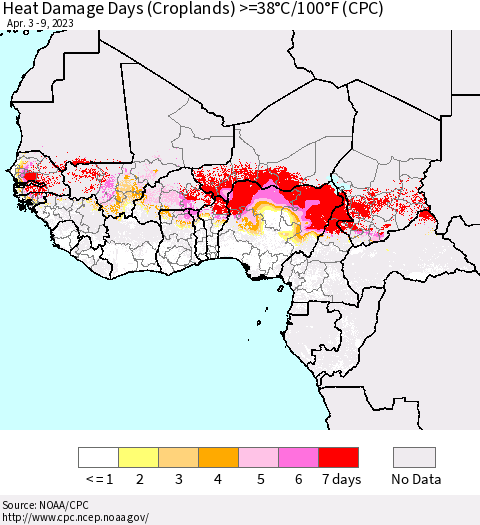 Western Africa Heat Damage Days (Croplands) >=38°C/100°F (CPC) Thematic Map For 4/3/2023 - 4/9/2023