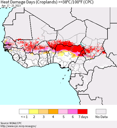 Western Africa Heat Damage Days (Croplands) >=38°C/100°F (CPC) Thematic Map For 4/17/2023 - 4/23/2023