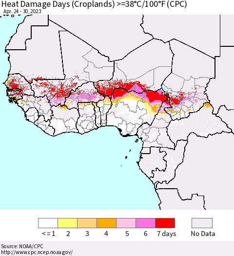 Western Africa Heat Damage Days (Croplands) >=38°C/100°F (CPC) Thematic Map For 4/24/2023 - 4/30/2023