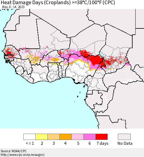 Western Africa Heat Damage Days (Croplands) >=38°C/100°F (CPC) Thematic Map For 5/8/2023 - 5/14/2023
