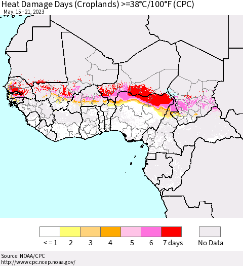 Western Africa Heat Damage Days (Croplands) >=38°C/100°F (CPC) Thematic Map For 5/15/2023 - 5/21/2023