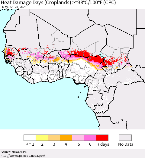 Western Africa Heat Damage Days (Croplands) >=38°C/100°F (CPC) Thematic Map For 5/22/2023 - 5/28/2023