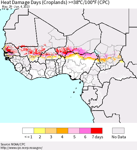 Western Africa Heat Damage Days (Croplands) >=38°C/100°F (CPC) Thematic Map For 5/29/2023 - 6/4/2023