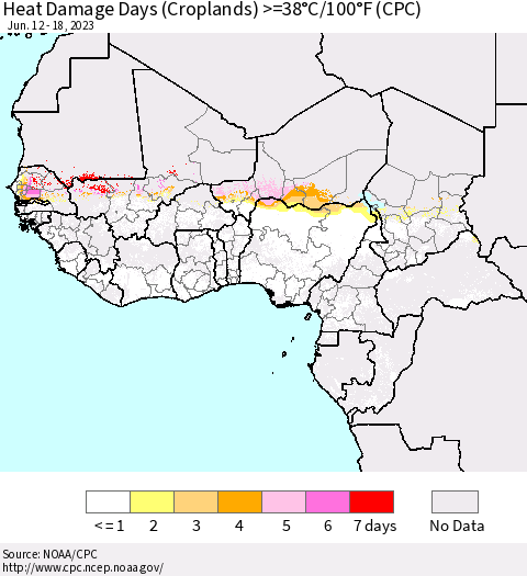 Western Africa Heat Damage Days (Croplands) >=38°C/100°F (CPC) Thematic Map For 6/12/2023 - 6/18/2023