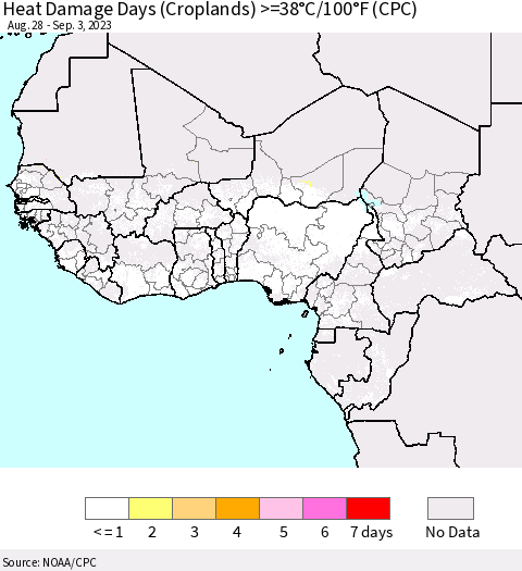 Western Africa Heat Damage Days (Croplands) >=38°C/100°F (CPC) Thematic Map For 8/28/2023 - 9/3/2023