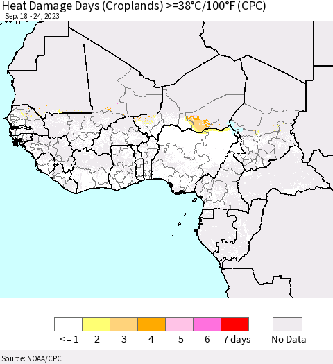 Western Africa Heat Damage Days (Croplands) >=38°C/100°F (CPC) Thematic Map For 9/18/2023 - 9/24/2023