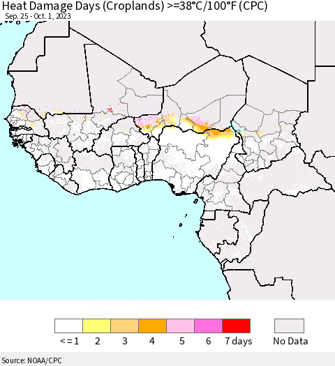 Western Africa Heat Damage Days (Croplands) >=38°C/100°F (CPC) Thematic Map For 9/25/2023 - 10/1/2023