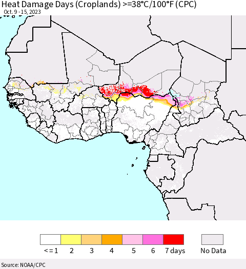 Western Africa Heat Damage Days (Croplands) >=38°C/100°F (CPC) Thematic Map For 10/9/2023 - 10/15/2023