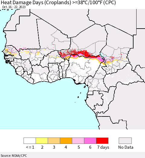 Western Africa Heat Damage Days (Croplands) >=38°C/100°F (CPC) Thematic Map For 10/16/2023 - 10/22/2023