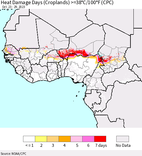 Western Africa Heat Damage Days (Croplands) >=38°C/100°F (CPC) Thematic Map For 10/23/2023 - 10/29/2023