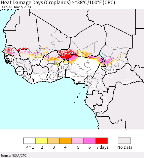 Western Africa Heat Damage Days (Croplands) >=38°C/100°F (CPC) Thematic Map For 10/30/2023 - 11/5/2023