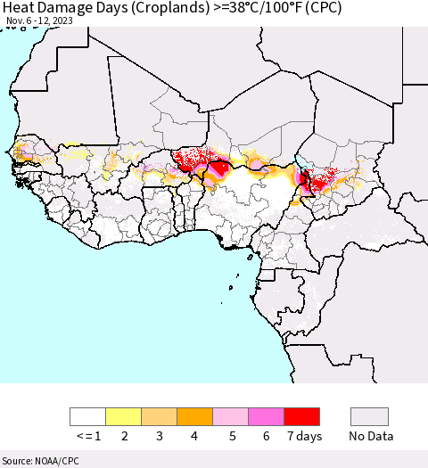 Western Africa Heat Damage Days (Croplands) >=38°C/100°F (CPC) Thematic Map For 11/6/2023 - 11/12/2023