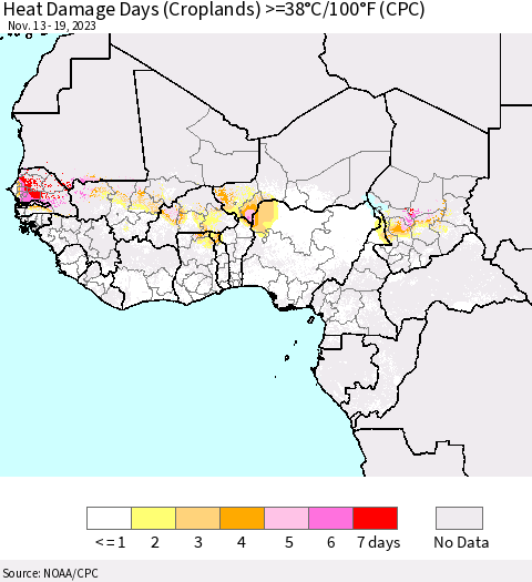 Western Africa Heat Damage Days (Croplands) >=38°C/100°F (CPC) Thematic Map For 11/13/2023 - 11/19/2023