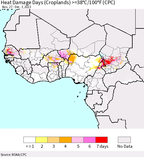 Western Africa Heat Damage Days (Croplands) >=38°C/100°F (CPC) Thematic Map For 11/27/2023 - 12/3/2023