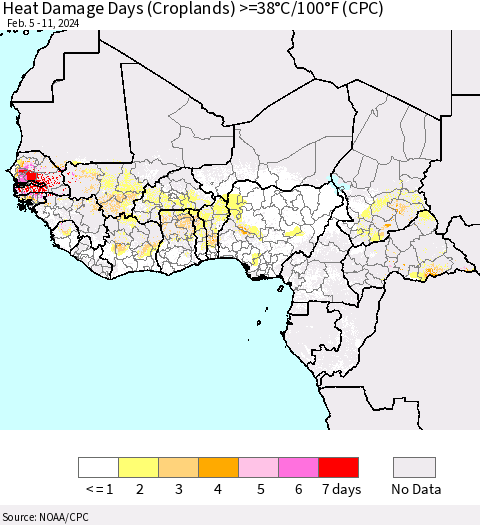 Western Africa Heat Damage Days (Croplands) >=38°C/100°F (CPC) Thematic Map For 2/5/2024 - 2/11/2024