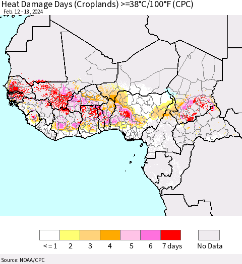 Western Africa Heat Damage Days (Croplands) >=38°C/100°F (CPC) Thematic Map For 2/12/2024 - 2/18/2024