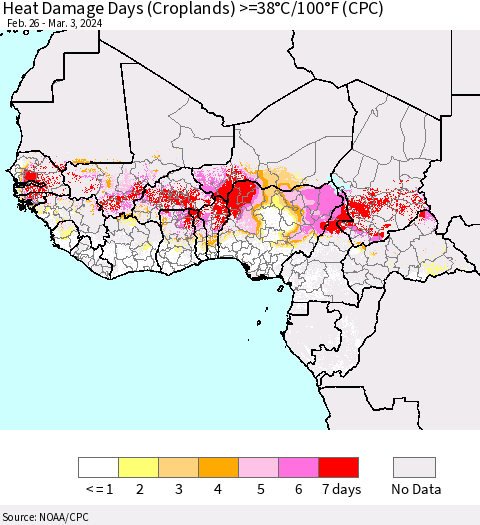 Western Africa Heat Damage Days (Croplands) >=38°C/100°F (CPC) Thematic Map For 2/26/2024 - 3/3/2024