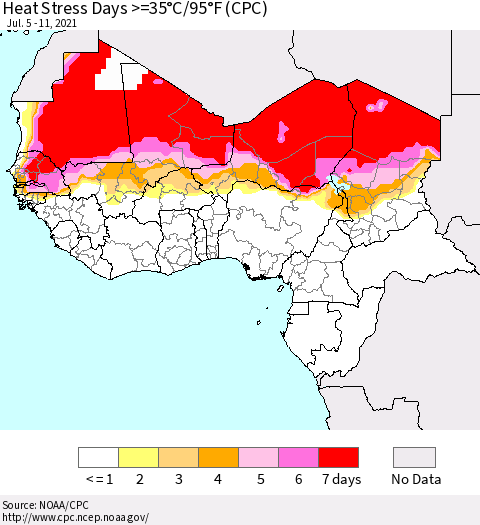 Western Africa Heat Stress Days >=35°C/95°F (CPC) Thematic Map For 7/5/2021 - 7/11/2021