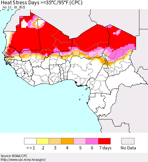 Western Africa Heat Stress Days >=35°C/95°F (CPC) Thematic Map For 7/12/2021 - 7/18/2021