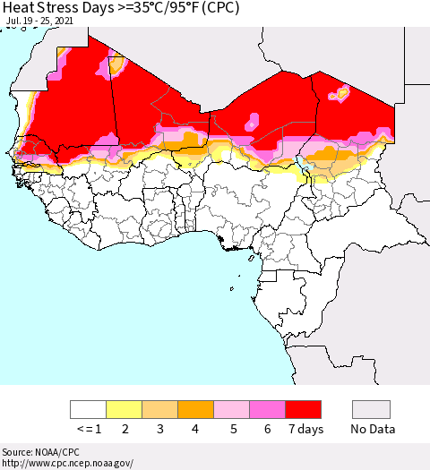 Western Africa Heat Stress Days >=35°C/95°F (CPC) Thematic Map For 7/19/2021 - 7/25/2021