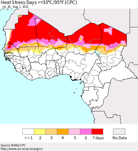 Western Africa Heat Stress Days >=35°C/95°F (CPC) Thematic Map For 7/26/2021 - 8/1/2021