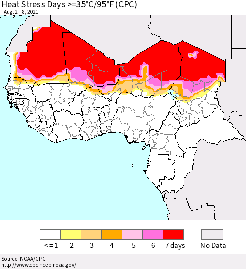 Western Africa Heat Stress Days >=35°C/95°F (CPC) Thematic Map For 8/2/2021 - 8/8/2021