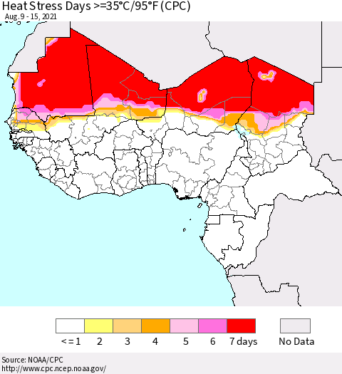 Western Africa Heat Stress Days >=35°C/95°F (CPC) Thematic Map For 8/9/2021 - 8/15/2021