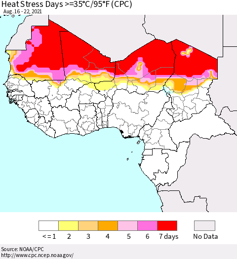 Western Africa Heat Stress Days >=35°C/95°F (CPC) Thematic Map For 8/16/2021 - 8/22/2021