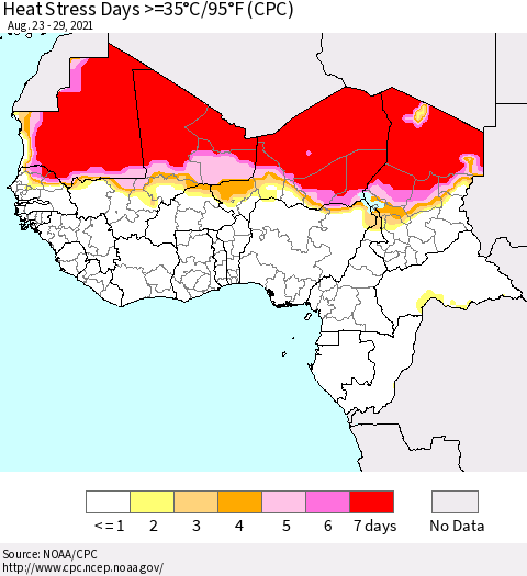 Western Africa Heat Stress Days >=35°C/95°F (CPC) Thematic Map For 8/23/2021 - 8/29/2021