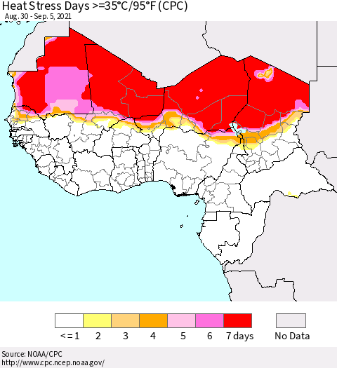 Western Africa Heat Stress Days >=35°C/95°F (CPC) Thematic Map For 8/30/2021 - 9/5/2021