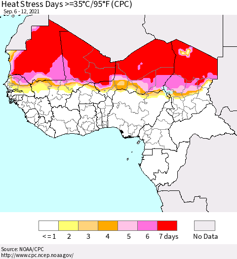 Western Africa Heat Stress Days >=35°C/95°F (CPC) Thematic Map For 9/6/2021 - 9/12/2021