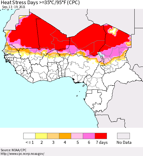 Western Africa Heat Stress Days >=35°C/95°F (CPC) Thematic Map For 9/13/2021 - 9/19/2021