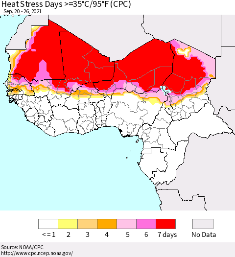 Western Africa Heat Stress Days >=35°C/95°F (CPC) Thematic Map For 9/20/2021 - 9/26/2021