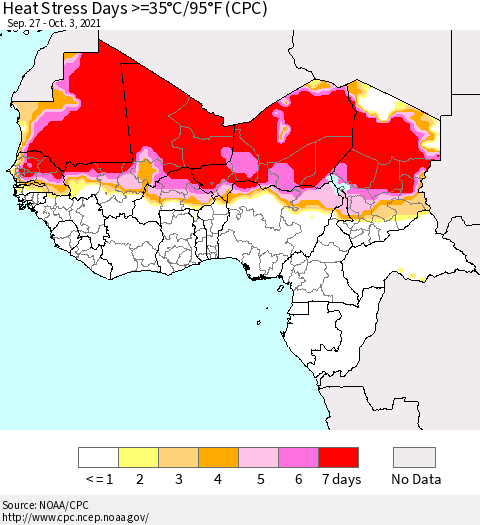 Western Africa Heat Stress Days >=35°C/95°F (CPC) Thematic Map For 9/27/2021 - 10/3/2021