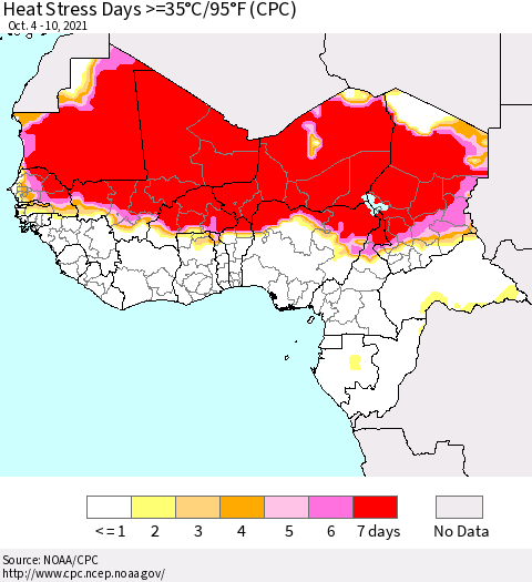 Western Africa Heat Stress Days >=35°C/95°F (CPC) Thematic Map For 10/4/2021 - 10/10/2021