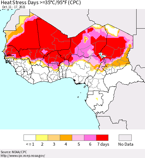 Western Africa Heat Stress Days >=35°C/95°F (CPC) Thematic Map For 10/11/2021 - 10/17/2021