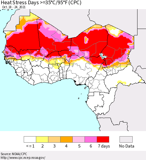 Western Africa Heat Stress Days >=35°C/95°F (CPC) Thematic Map For 10/18/2021 - 10/24/2021