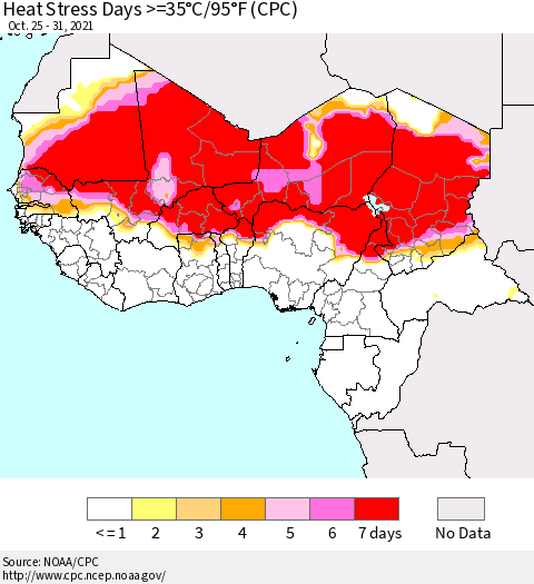 Western Africa Heat Stress Days >=35°C/95°F (CPC) Thematic Map For 10/25/2021 - 10/31/2021