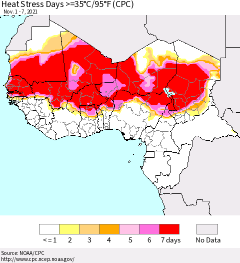 Western Africa Heat Stress Days >=35°C/95°F (CPC) Thematic Map For 11/1/2021 - 11/7/2021
