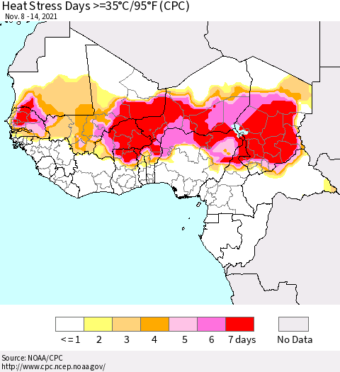 Western Africa Heat Stress Days >=35°C/95°F (CPC) Thematic Map For 11/8/2021 - 11/14/2021