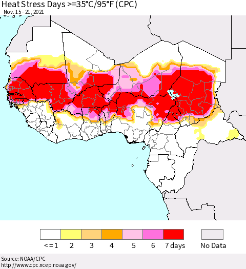 Western Africa Heat Stress Days >=35°C/95°F (CPC) Thematic Map For 11/15/2021 - 11/21/2021