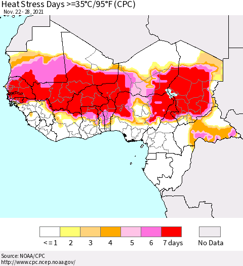Western Africa Heat Stress Days >=35°C/95°F (CPC) Thematic Map For 11/22/2021 - 11/28/2021