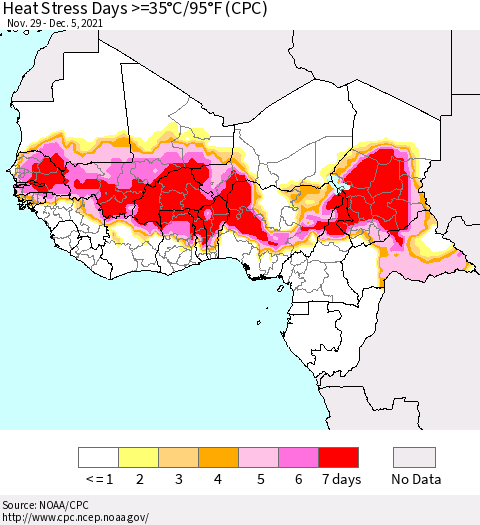 Western Africa Heat Stress Days >=35°C/95°F (CPC) Thematic Map For 11/29/2021 - 12/5/2021